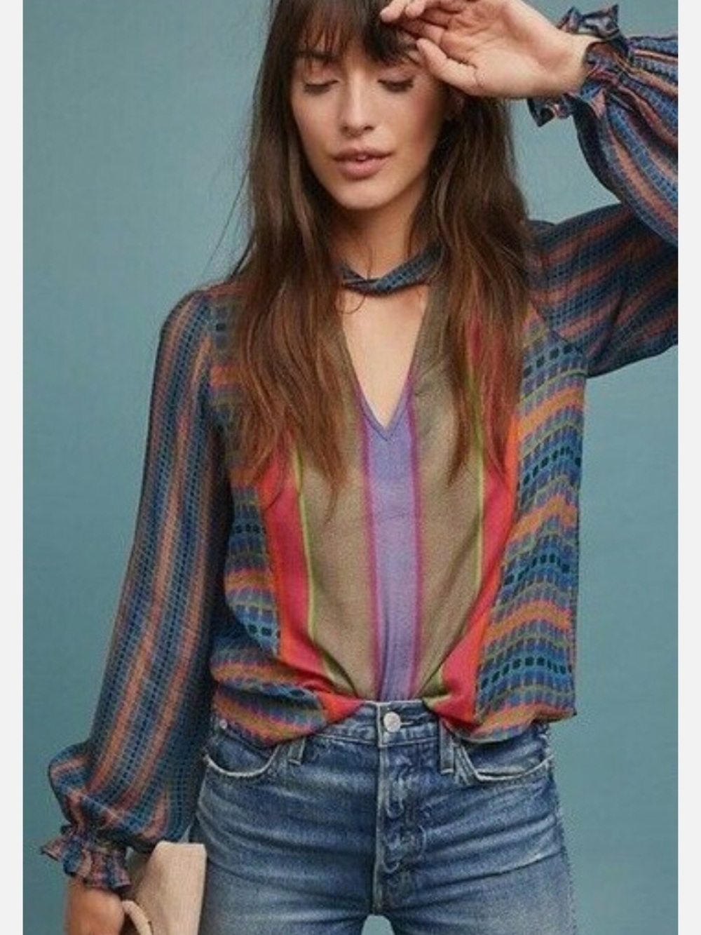 Conditions Apply Anthropologie Geometric Print Tie-Neck Boho Blouse